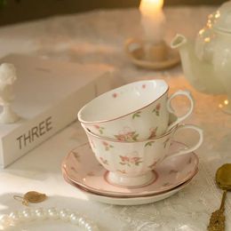 Koffie kop en schotel set Franse vintage keramische kopjes schotels roze schattig Afternoon Tea Snack plaat 240102