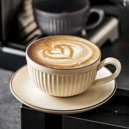 Koffiekopje Schotel Lepel Set Retro Verticale Strepen Keramische Mok voor Cappuccino Latte Melk Thee Keuken Accessoires 240104