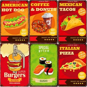 Coffee Donuts Plaque Pizza Vintage Metal Painting Sign Café Keuken Home Decor Mexicaanse Taco's Tin Bord American Diner Wall Posters 30x20cm W03