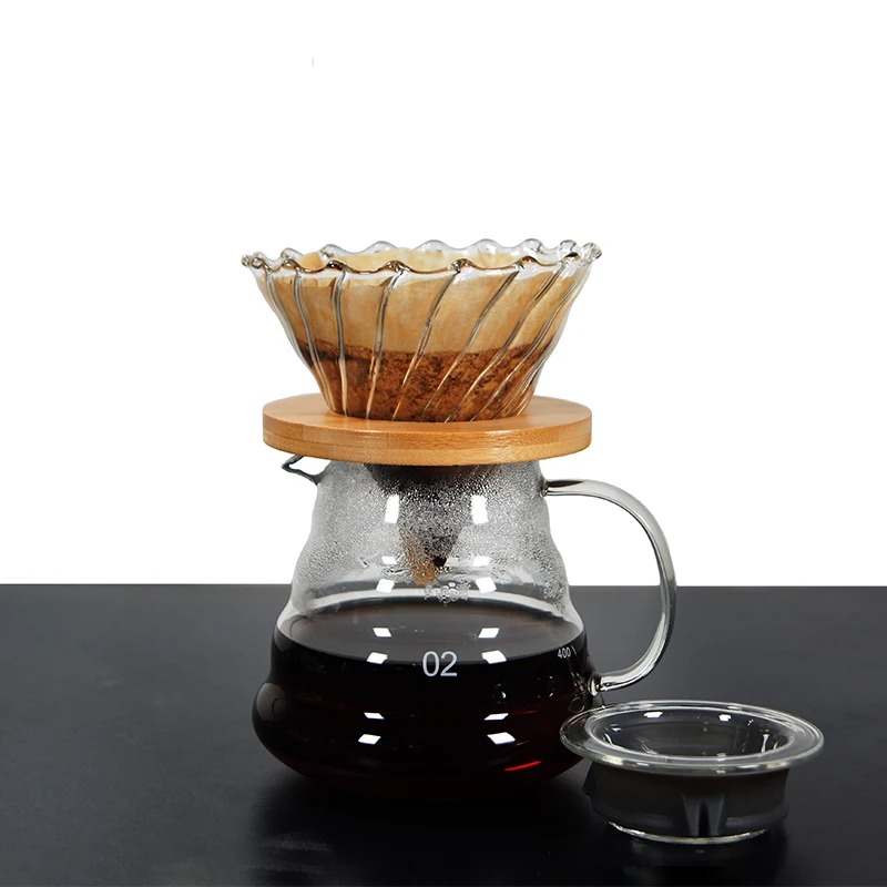 Coffee Dripper V60 Glazen trechter DRIP -koffiezetapparaat V01 V02 Filter Transparant herbruikbare giet over brouwbeker met houten houder