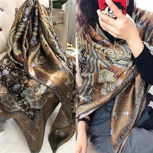 Koffie Goud 100% Moerbei Zijde Dames Sjaal Bandana Mode Plaisley Stijl Vierkante Sjaals Hijaabs Winter Merk Hoofddoek Foulard 240314