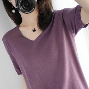 Café tricot à manches courtes femmes mince pull col en v couleur unie gris violet T-Shirts féminin 2021 été lâche glace soie pull X0721