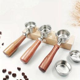 Cafetera de acero inoxidable 304 con mango sin fondo, accesorios para máquina de café, 51mm, dos orejas desmontables, mango sin fondo de madera maciza