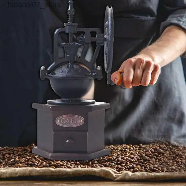Cafeteras Molinillo de grano de café manual Hierro fundido a mano Granos de café hechos a mano retro Molino de estilo vintage antiguo con ajustador poligonal Q240218