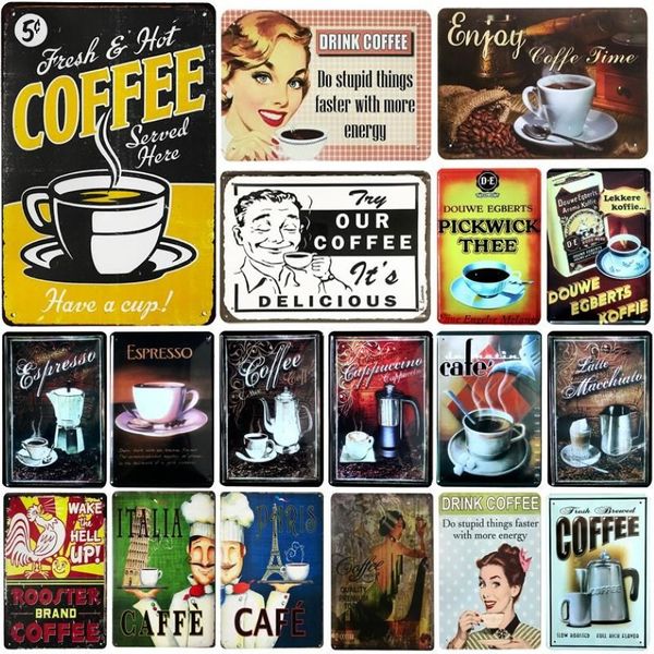 Coffee Metal Sign Store Decoración de la pared de la pared Señal de hojalata Vintage Metal Signs Vintage Decoración del hogar Plaques de placas Cartel de arte278v