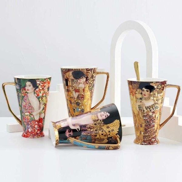 Taza de café gustav klimt Bone China tazas de té con cuchara Klimt taza de cerámica de gran capacidad accesorios de decoración del hogar