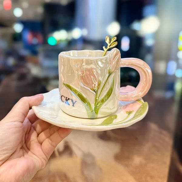 Tasse à café tasse à lait Ins Style coréen bouteille d'eau en céramique et soucoupe ensemble peint à la main jolie fille coeur après-midi thé Snack assiette 240115