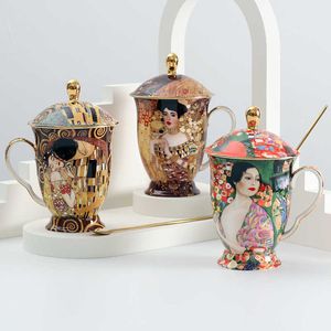 Taza de café con tapa y cuchara, porcelana de hueso, pintura antigua de Klimt, tazas de té con tapa, regalo de lujo
