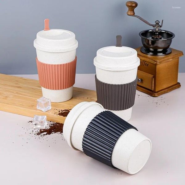 Pots à café tasses de 450ML avec couvercles, paille de blé, tasse Portable réutilisable, lavable au lave-vaisselle, tasse à thé de voyage