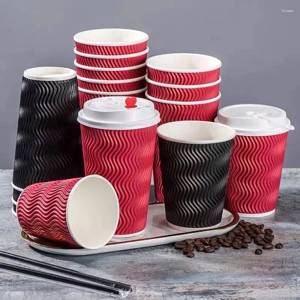 Pots à café 50pcs épaissi Anti-brûlure tasse en papier ondulé tasses jetables lait thé boisson Kraft avec couvercle