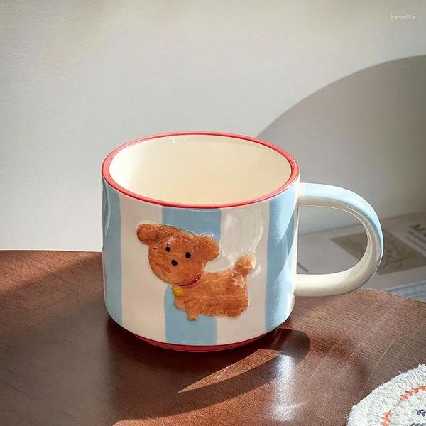 Cafeteras AMEKAN, Taza de cerámica, plato de postre, rayas azules creativas con taza de perro bonita para té, regalo para beber con patrón de animales Kawaii