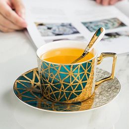 Ensemble de tasses à café en porcelaine avec soucoupe, tasses en porcelaine verte et dorée, tasse créative en céramique, tasse à thé, café, idées cadeaux