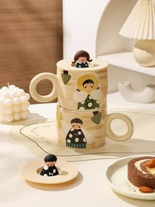 Pots à café série Couple tasses en céramique couvercle en Silicone ensemble dessin animé garçon et fille imprimé tasse mignonne maison café après-midi tasse à thé ami cadeau