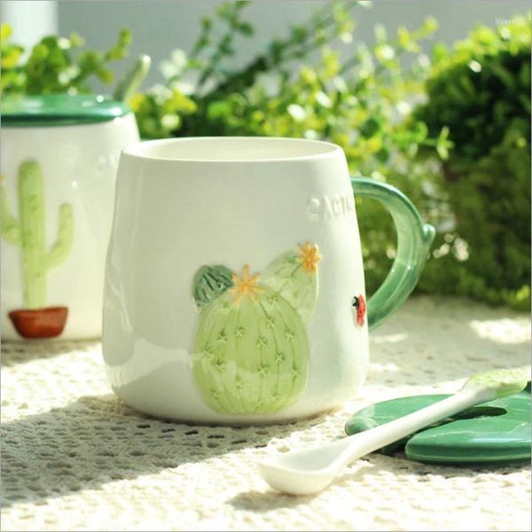 Tazas de café Taza de cerámica creativa Cactus fresco nórdico con tapa Cuchara Taza Lindo Vaso de agua Leche Desayuno