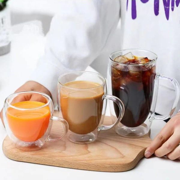 Pots à café tasse en verre Double couche, créatif, résistant à la chaleur, thé aux fruits, lait Transparent isolé thermiquement, eau minimaliste