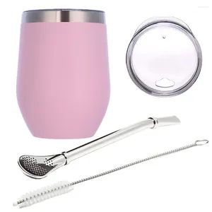 Koffiepotten Dubbelwandige roestvrijstalen Yerba Gourd Mate Tea Set Water Cup met deksel Lepel Strawblaad Filterborstel Roze roze