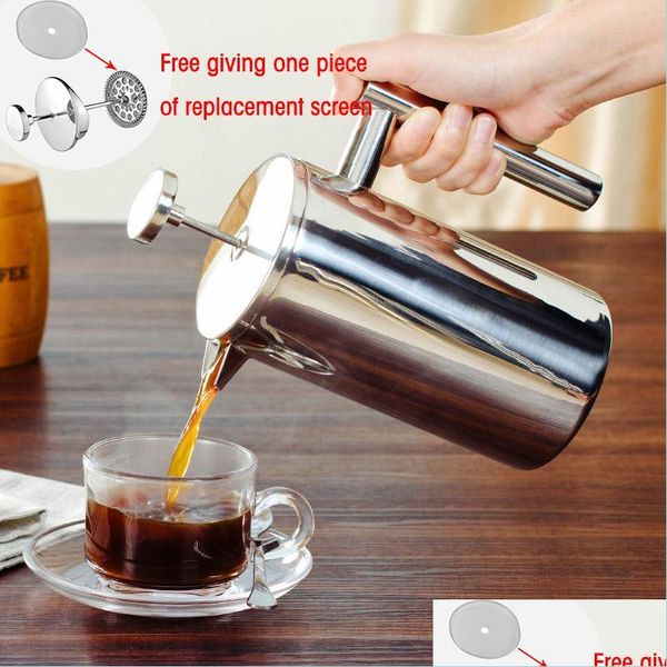 Cafetières Presse Française Maker Meilleure Cafetière En Acier Inoxydable À Double Paroi Insated Tea Pot Donnant Un Filtre Paniers Drop Delivery Dhetn