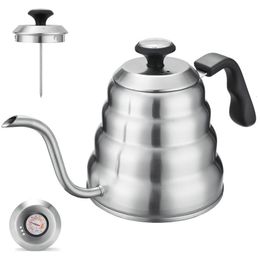 Pots à café Kettle1L 1 2L en acier inoxydable versez sur le pot bouilloire goutte à goutte avec thermomètre pour la cafétéria de bureau à domicile 230721