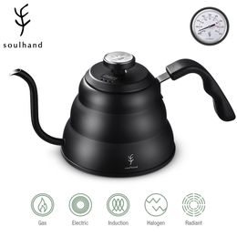 Coffee Pots Soulhand Kettle 1.2L 1L roestvrij staal giet over potdruppel met thermometer voor Home Office Cafetera 221025