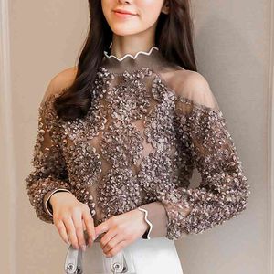 Koffie rose sexy mesh vrouwen top lente blouses shirts ruche lange mouw koude schouder tops causale geplooide blusas 907g 210420