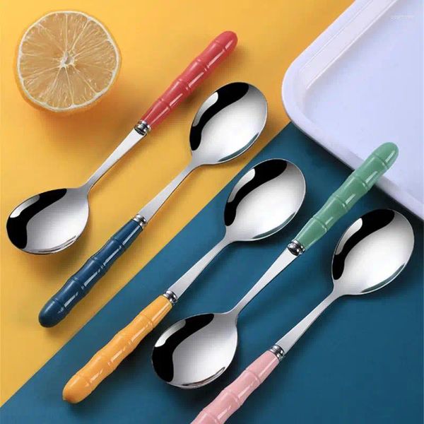 Cucharas de café, tenedor de cuchara de acero inoxidable con mango en forma de articulación de bambú, postre para el hogar, cucharadita de helado, merienda de fruta, 1-10 Uds.