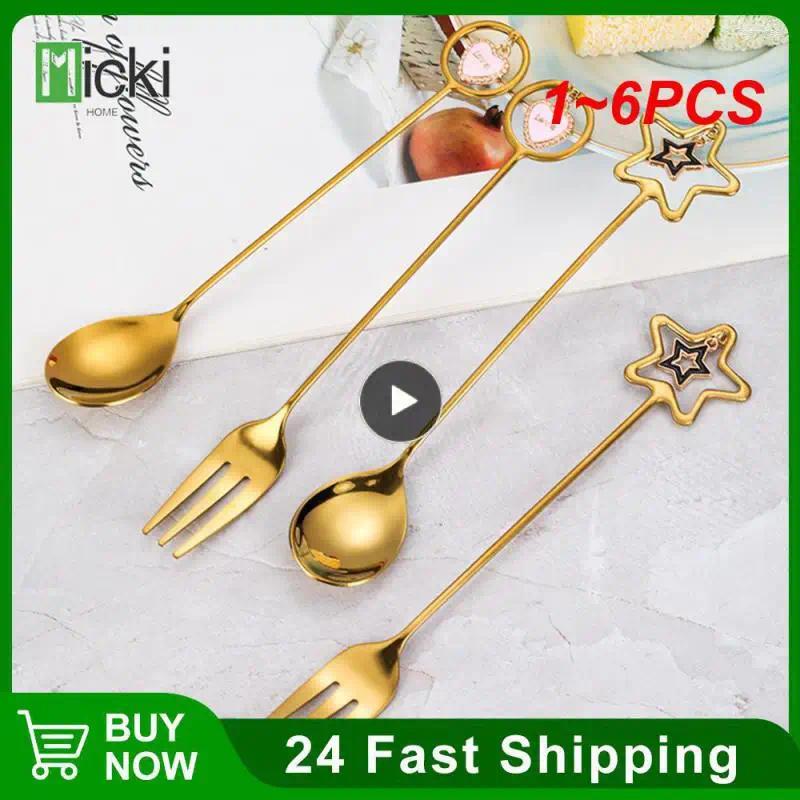 Coffee Scoops 1-6PCS Stainless Steel Spoon Five-pointed Star Pendant Mixing Long Handle Fruit Fork Kitchen Tableware
