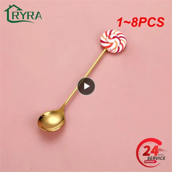 Cucharas de café, 1-8 Uds., tenedor para Donut de acero inoxidable, cuchara, piruleta extraíble, mango de resina, cucharadita para agitar leche, suministros de cocina