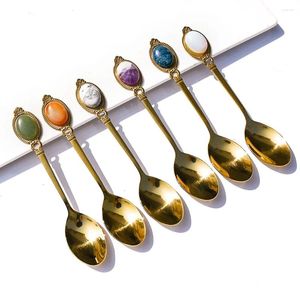 Coffee Scoops 1pc Handle de manche à longue cuillère Gold Spiritual Energy Natural Quartz Crystal Gemstone Dessert Restaurant Artisanat sculpté