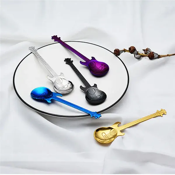 Capas de café 4pcs Spoon de guitarra larga de acero inoxidable Juego de cuchara de guitarra para té Postres de té Gold Silver Colorida Cocina para beber Herramientas