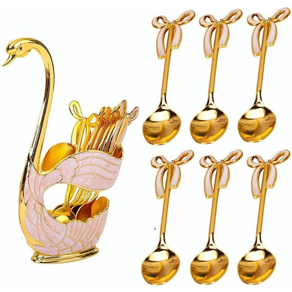 Coffee Stops 7pcs Spoon Spoon Set de acero inoxidable Base de cisne con cucharas de helado Café Kit para mezclar fruta