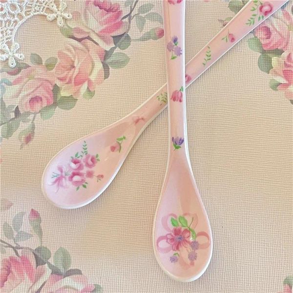 Accesorios para cucharas de café, cuchara rosa Vintage, lazo con estampado de rosas, mezcla de cerámica, té de la tarde en casa, barra de postre