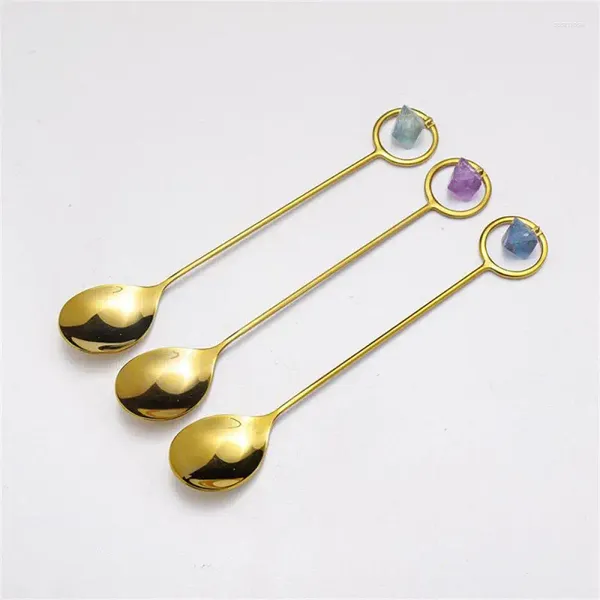 Cucharas de café Tenedor de fluorita azul Octaedro de acero inoxidable natural Tipo gota de agua Vajilla de piedra Cuchara de cristal Postre dorado