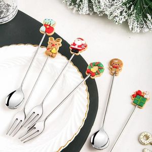 Koffiescheppen Kerstmis Roestvrijstalen lepel Dessert Ice Cream Cartoon Santa Gingerbread Man Fruit Vork Party Roer schep