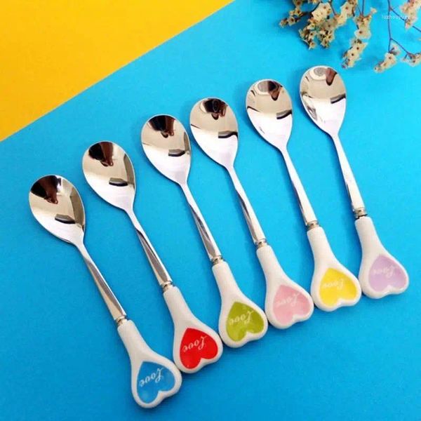 Cucharadas de café cubiertas cucharadita lindo helado postre mango de cerámica corazones multicolor kitchen suministros de sábanas cucharas de sopa larga