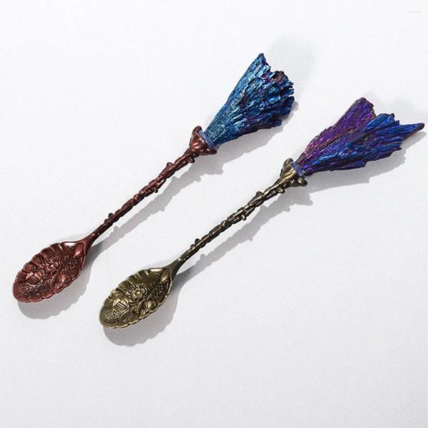 Coffee Scoops Natural Stone Spoon Black Tourmaline Electroplated Peacock Blue Stones Feather Ice Cream Dessert Long Handle Copper Ladle