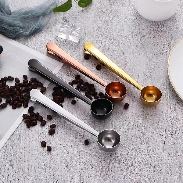 Coffee Scoops en acier inoxydable Clip Creative 2-in-1 Mesurer avec une bouche scellée brossée mate en poudre de lait en poudre de lait en poudre