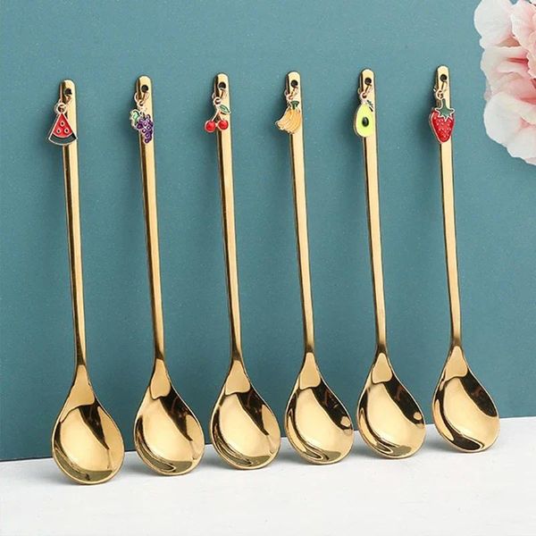 Cucharas de café de acero inoxidable, cuchara agitadora con colgante de fruta, decoración de mesa de postre, regalo de fiesta, herramienta de cocina