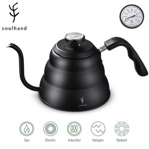 Coffee Soulhand Kettle 1.2L 1L roestvrij staal giet over potdruppel met thermometer voor Home Office Cafetera 220509