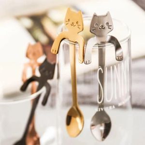 Café de té de acero inoxidable mini gato mango largo con cuchara herramientas para beber para beber cocina cubierta de la cocina cubiertas de mesa al por mayor 4.23