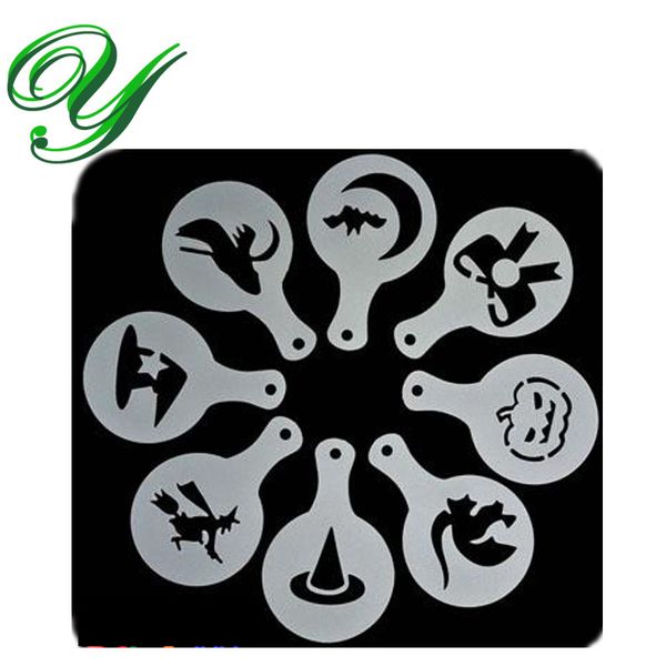 café Stencil Latte Art Halloween decoración capuchino spray plumero priting molde bruja calabaza 8pc plástico 8cm fondant molde cafetera