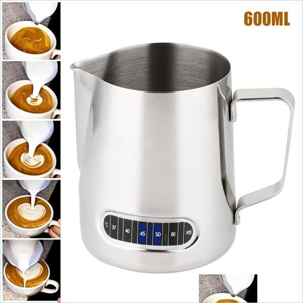 Plantillas de café 600Ml Leche Café Espuma Jarra Taza Cocina Flor Artesanía Con Termómetro Pl Jarra de acero inoxidable 220509 Drop Deliv Dhlvu