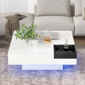 Salontafel modern minimalistisch ontwerp met LED -verlichting, 16 kleuren met een afstandsbediening, woontafel met afneembaar dienblad, wit wit