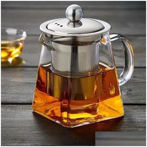 Koffie thee sets helder borosilicaat glazen theepot met roestvrijstalen infuser zeefwarmtewarmteweerstandaard los blad thee pot 90 n2 druppel dhbkj