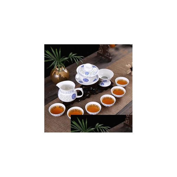 Service à thé à café S Kongfu 10 pièces / ensemble ensemble tasse en céramique théière bleue et blanche service en porcelaine livraison directe maison jardin cuisine Din Dhmbt
