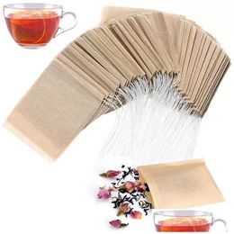 Coffee Tea Tools 100 stcs/lot filtertas Strainer Natural Unbleached Wood PP Papier Wegwerp Infuser Lege zakken met DString POUC DHKFV
