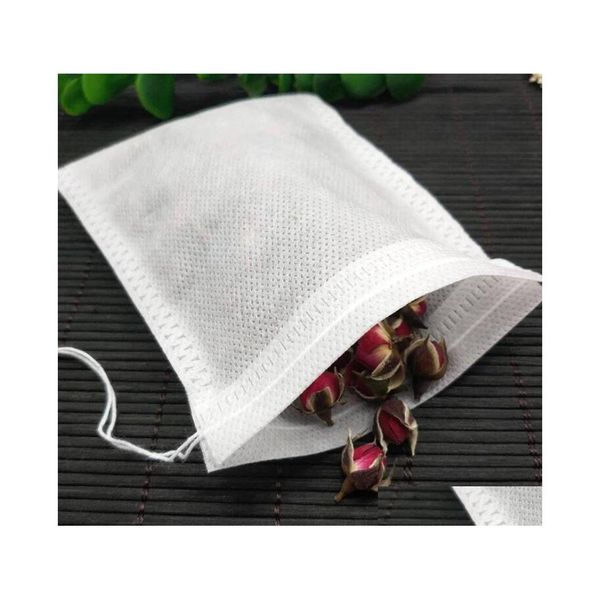 Herramientas de té de café 100 unids / lote bolsitas de té 5,5 x 7 cm tela bolsas perfumadas vacías con filtro de sello de curación de cuerda para bolsas sueltas de hierbas gota de dhzje