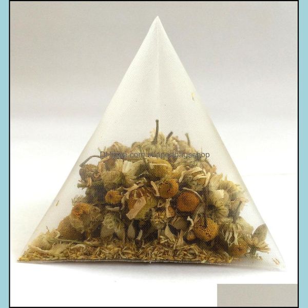 Herramientas de té de café 5.5X7Cm Filtros de bolsa de té de pirámide no tejida biodegradable Bolsa de té de nylon Cuerda única con etiqueta Bolsa vacía transparente Ot5Du