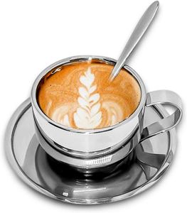 Ensemble de tasses à café en acier inoxydable à double paroi Tasses Tasses à expresso et tasses à thé cappuccino avec cuillère et soucoupe P230508