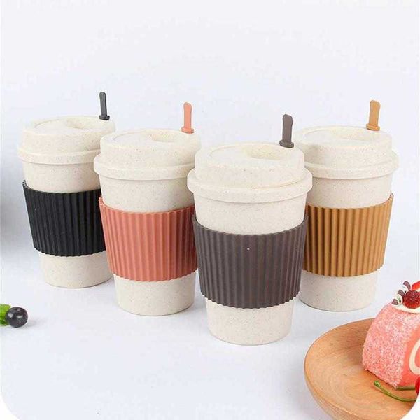 Herramientas de café y té Agregar a la lista de deseos Taza de paja de trigo Agua portátil resistente a altas temperaturas con tapa reutilizable Tazas de viaje ecológicas multifuncionales P230509