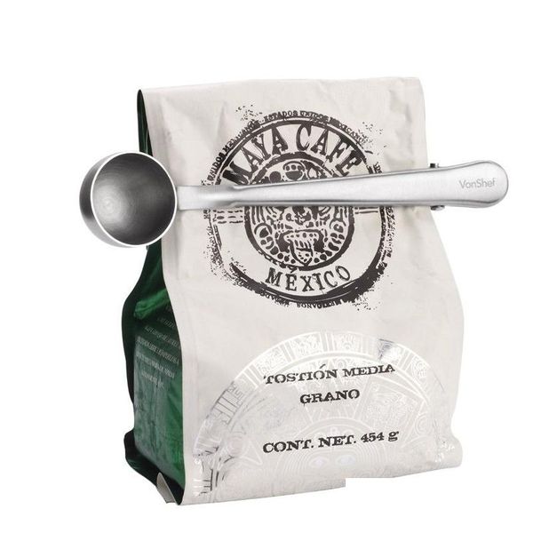 Cuchara medidora de tierra de acero inoxidable, herramientas para café y té, con Clip de sellado para bolsa, helado, cocina, buen ayudante, entrega directa Ho Dheu2